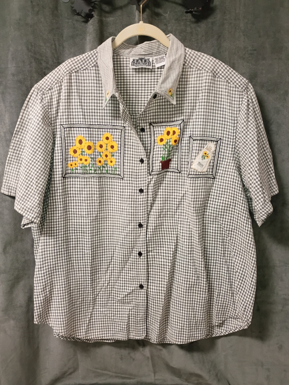Vintage Talk America Black White Gingham Top With Sunflower Embroidery Size 24 - Picture 3 of 13